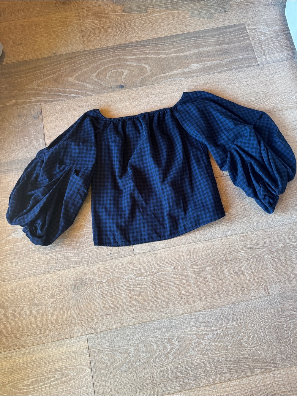 Off-Shoulder Puff Sleeve Plaid Top - Navy/Black all Cotton M
